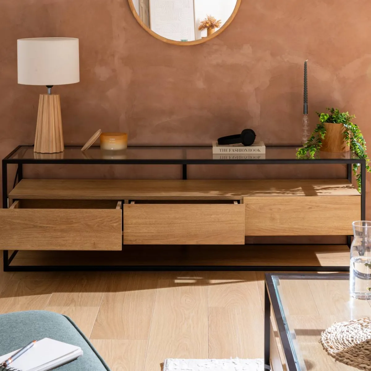Atmosphera Meubles Tv*Meuble TV 3 tiroirs "Aldea" Beige