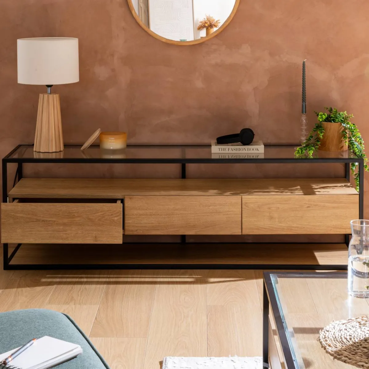 Atmosphera Meubles Tv*Meuble TV 3 tiroirs "Aldea" Beige