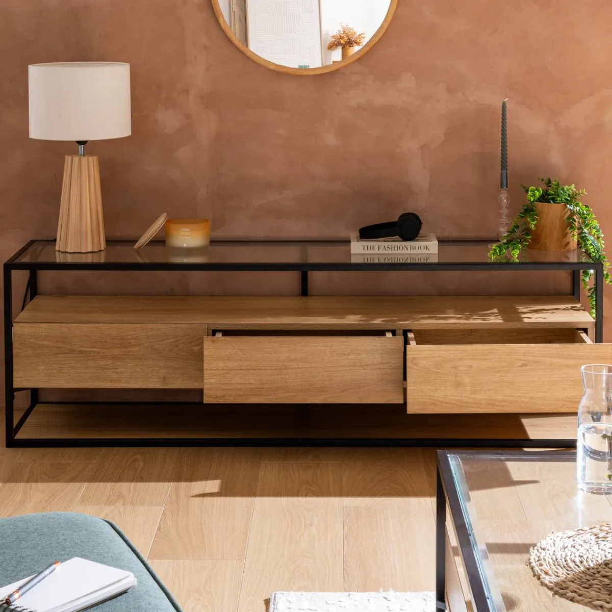 Atmosphera Meubles Tv*Meuble TV 3 tiroirs "Aldea" Beige