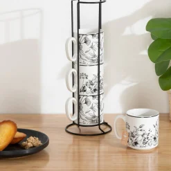Atmosphera Tasses, Mugs*Rack 4 mugs  "White Floral" Blanc