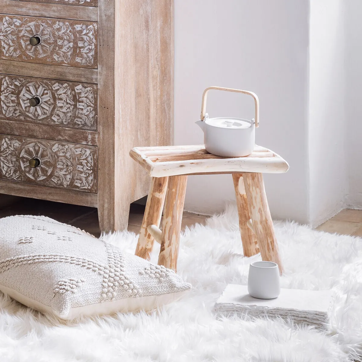 Atmosphera Tabourets|Poufs*Tabouret "Woody" Blanc